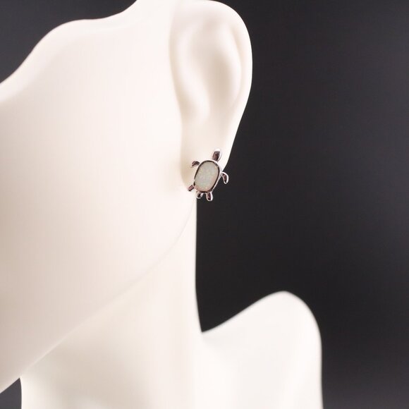 Women's Sterling Silver Jewelry Turtle Stud Fashion Earrings with Opal Accents** - Picture 8 of 12